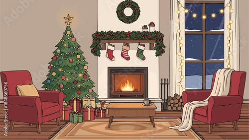 Cozy Christmas Living Room Scene with Fireplace and Tree.