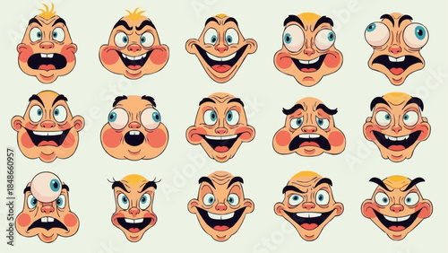 Collection of Expressive Cartoon Faces with Diverse Emotions and Features.