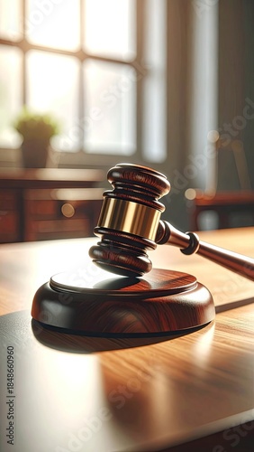 A close-up, dramatic shot of a wooden gavel resting on its block, illuminated by bright sunlight from a window.