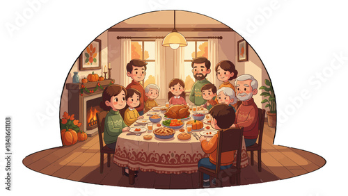 Happy Family Gathering Around Thanksgiving Dinner Table.