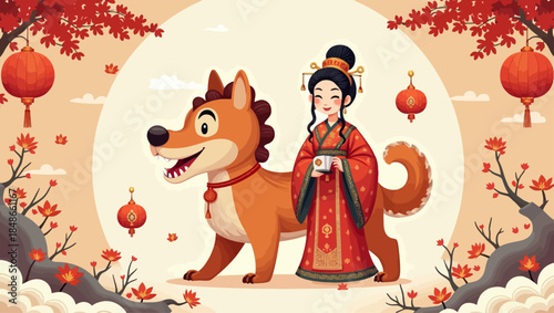 A woman in traditional attire walks with a dog under blooming trees and lanterns