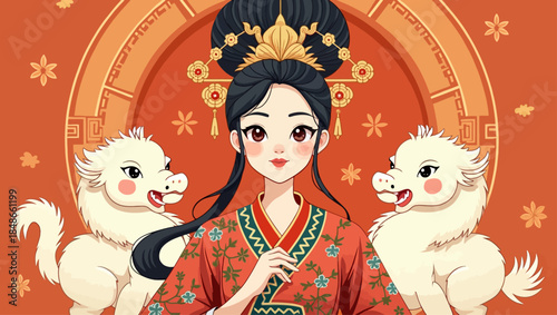 A woman in traditional attire stands confidently between two majestic creatures under an ornate archway celebrating cultural heritage and mythological symbolism