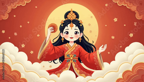 A serene illustration of a woman in traditional attire floating among clouds under a full moon