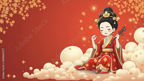 A serene female figure in traditional attire floats on clouds surrounded by stars and lanterns in a celestial environment