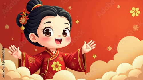 A cheerful cartoon girl in traditional dress surrounded by clouds and flowers