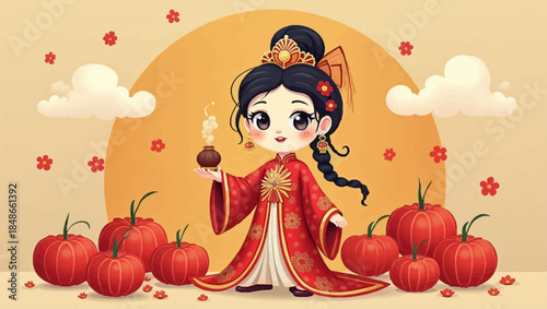 A young girl in traditional dress holding a lantern surrounded by tomatoes in a serene landscape