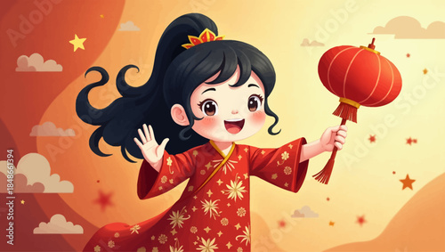 A young girl in traditional dress happily holding a lantern amidst stars and clouds