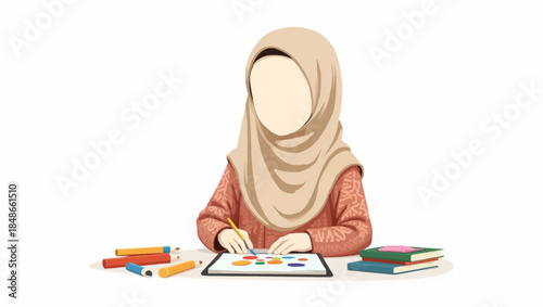 A faceless woman wearing a hijab drawing on a tablet with colorful pencils and books nearby in a minimalist setting from a straightforward viewpoint