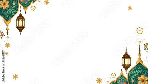 Ornate lanterns and floral motifs adorn the corners of a festive background with cultural decorations
