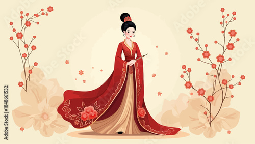 Elegant woman in traditional attire standing amidst floral illustrations