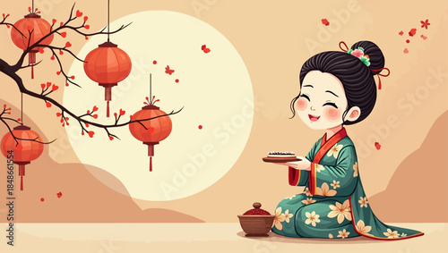 A serene illustration of a girl sitting under a blooming tree with lanterns in a peaceful mountainous landscape