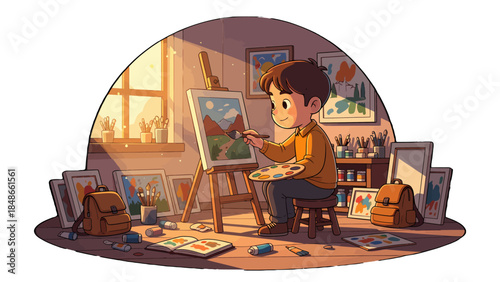 Young artist painting a landscape on canvas.