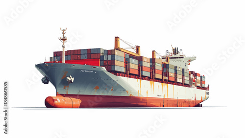 A large cargo ship transporting containers across the ocean, viewed from the side