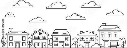 Suburban neighborhood house outline vector illustration featuring residential homes with clouds and trees isolated on white background for real estate, cityscape, and urban design