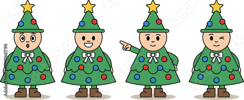 Four cartoon Christmas trees with faces and different expressions and poses character illustration
