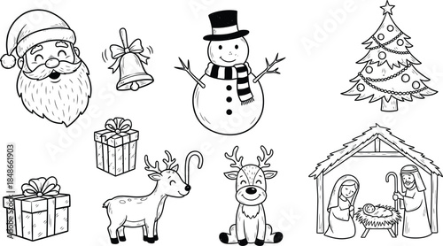 Colorful christmas icons set: tree, ornament, gift, stocking, snowflake, santa hat, sleigh, candy cane, bell, fireplace