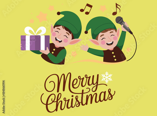 Two happy elves singing and holding a gift with Merry Christmas text holiday greeting