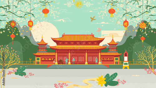 A serene illustration of a traditional Asian temple surrounded by lush greenery and vibrant lanterns under a cloudy sky