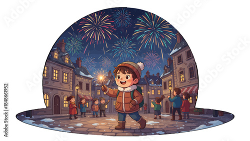 Young boy holding sparkler celebrating New Years Eve.