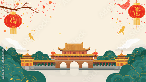 Ancient Temple Gate Celebrated with Lanterns and Trees during Lunar New Year