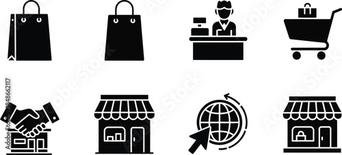 Shopping solid icon set for e-commerce and retail. Vector graphic collection with store, cart, basket, sale tag, payment, money, wallet, barcode, and marketing symbols.