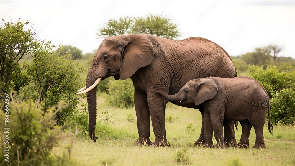 Fototapeta premium Elephant family in natural habitat with adult and juvenile