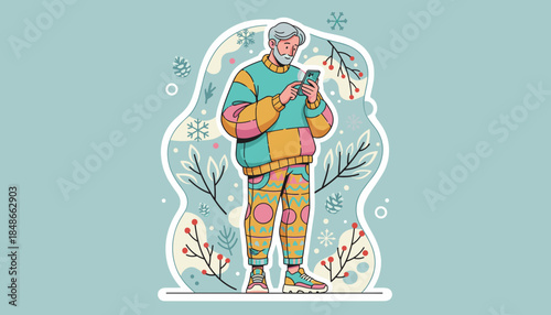 Stylish senior man checks his phone in a vibrant winter illustration setting Technology and holiday communication