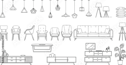 Modern furniture line icons set featuring chairs, sofas, lamps, tables, cabinets, interior decor elements, minimalist home design collection