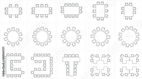Meeting table and conference seating layout icon vector set showing round, square, and rectangular arrangements isolated on white background for office planning and interior design