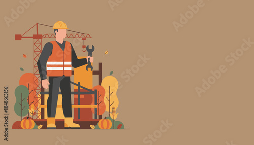 Constructor holding wrench near crane and fall plants Industrial maintenance vector background