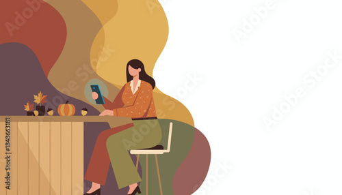 Woman using smartphone at a cozy counter with autumn decor great for fall seasonal content