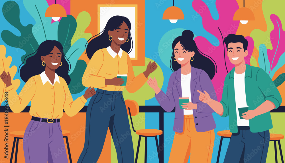 Naklejka premium Diverse young people smiling enjoying coffee and conversation in a vibrant modern cafe