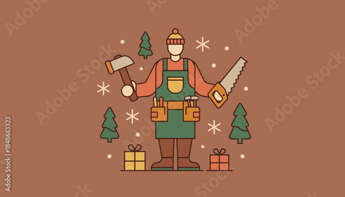 Festive carpenter holding hammer and saw surrounded by winter snow Christmas trees and gifts