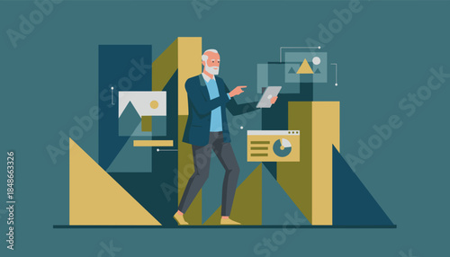 Experienced businessman interacting with digital data visualization via tablet