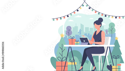Woman works on tablet outdoors among festive lights and gifts blending holiday season and remote workshopping