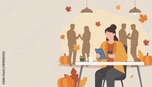 Cozy autumn workspace Woman uses tablet near interacting silhouettes decorated with pumpkins