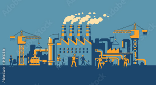 Factory construction and production illustration with workers cranes and pipes