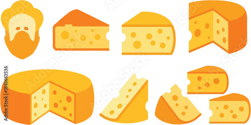 Set of cheese parts and slices icon clip art collection flat illustration sticker printable