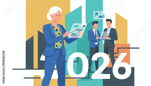 Senior executive and team use transparent tablets for future planning and business strategy