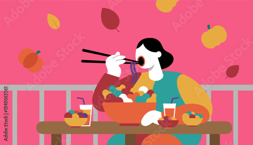 Person eats colorful noodles with chopsticks on an outdoor table during the bright fall season