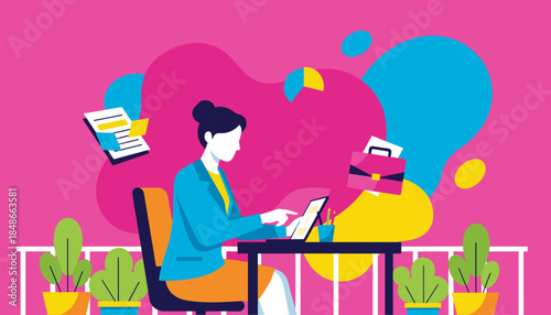 Professional woman working remotely on a tablet with vivid background shapes focusing on business productivity