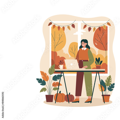 Professional woman working remotely at home during autumn with pumpkins and plants