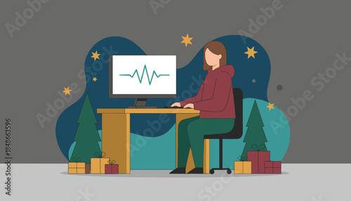 Woman working on data analysis near a Christmas tree and gifts Holiday work balance