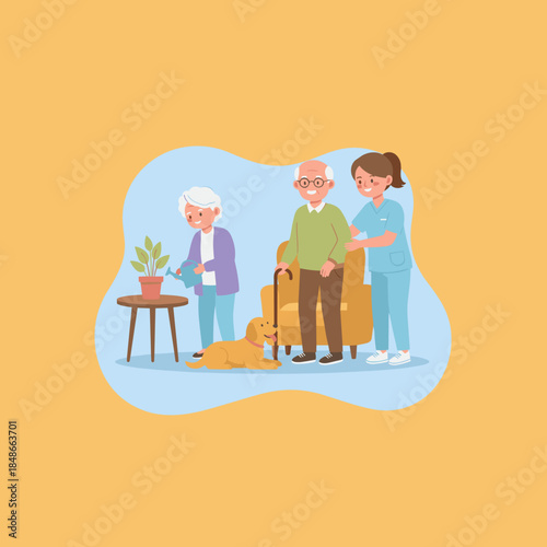 Home health aide assists a senior man with a cane next to his wife and dog illustrating elderly care and domestic life