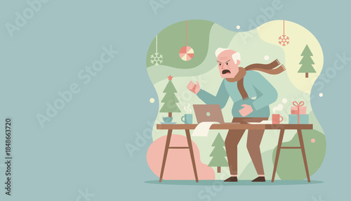 Stressed elderly man yelling at his laptop at a festive desk during the frustrating winter holiday season