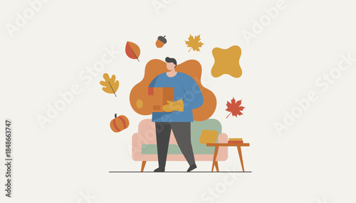 Fall delivery or moving Man holds a package indoors with autumn leaves pumpkin and acorn decoration