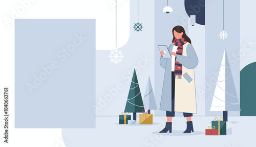 Woman with tablet planning winter shopping in a festive modern decorated space