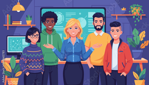 Diverse team collaboration in a modern office analyzing data led by a professional woman