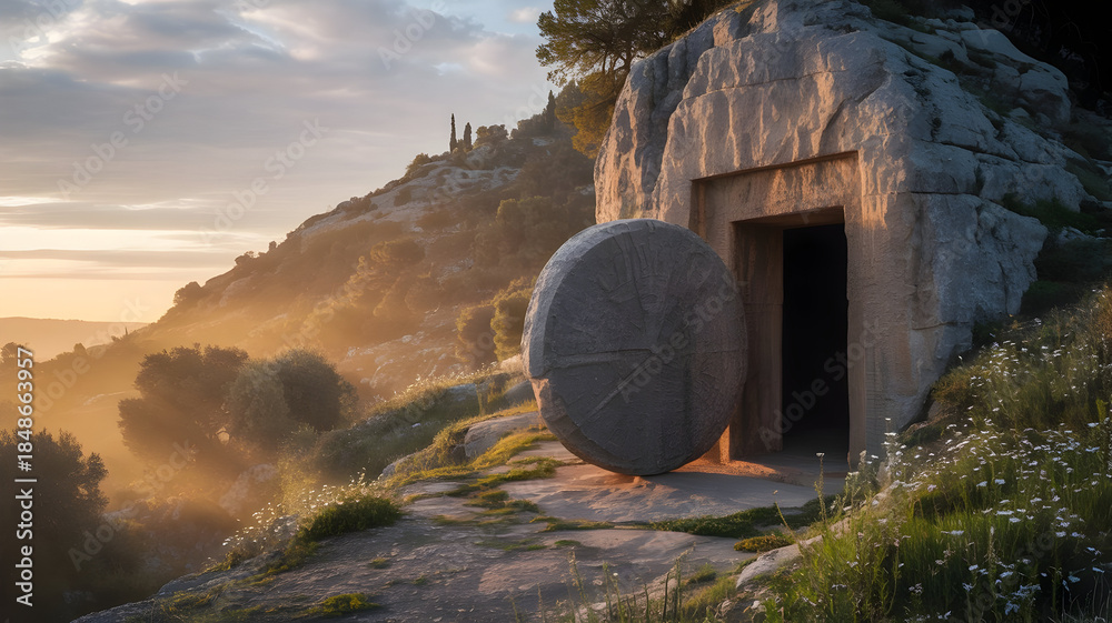 Naklejka premium The empty tomb of jesus christ at sunrise