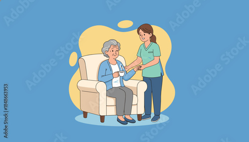 Professional caregiver assists senior woman with a warm drink in an armchair Home care and elderly service concept